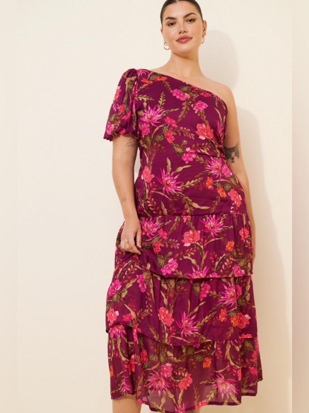 Banjanan burgundy floral cactus Joya Tiered Dress